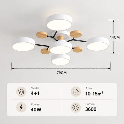 Sofello Plafonnier LED design scandinave 5 ou 6 lampes, gris/blanc, bois, salon et chambre