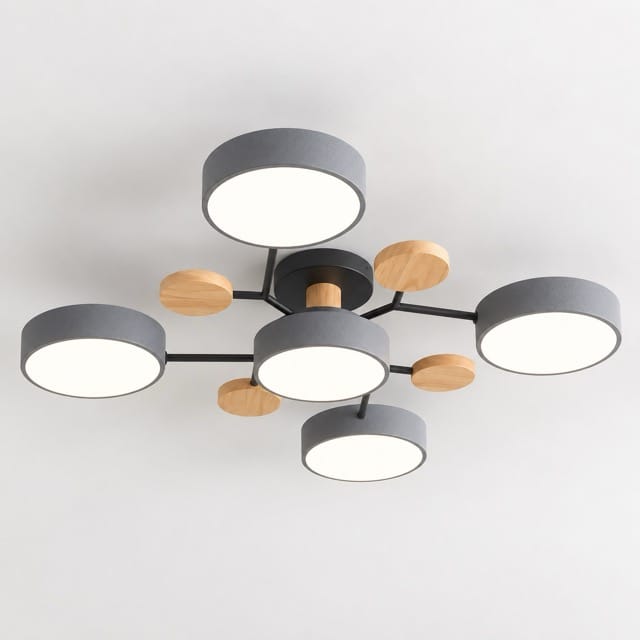 Sofello Plafonnier LED design scandinave 5 ou 6 lampes, gris/blanc, bois, salon et chambre