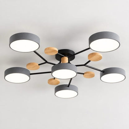 Sofello Plafonnier LED design scandinave 5 ou 6 lampes, gris/blanc, bois, salon et chambre