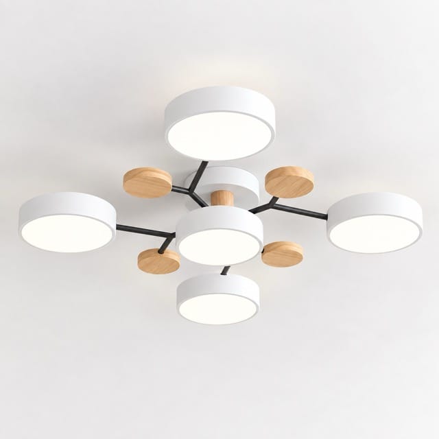 Sofello Plafonnier LED design scandinave 5 ou 6 lampes, gris/blanc, bois, salon et chambre