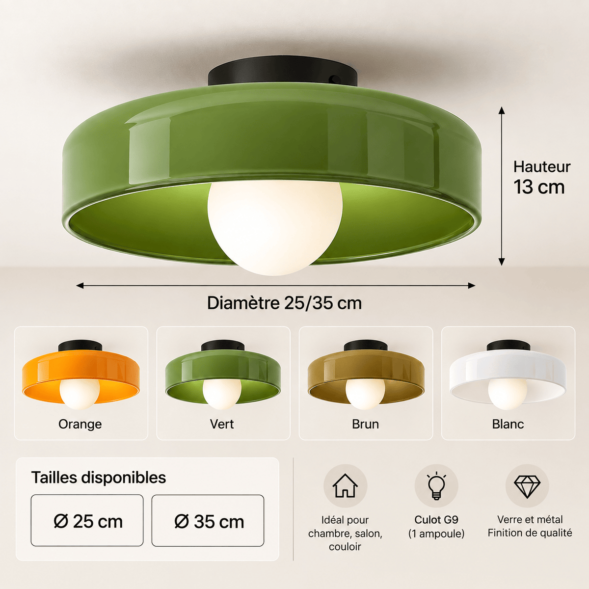 Sofello Plafonnier LED verre style vintage, blanc, vert ou orange pour chambre, salon et couloir