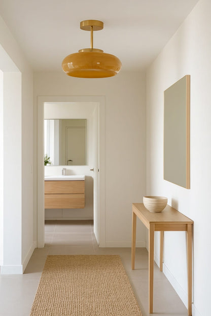 Sofello Plafonnier vintage abat-jour verre beige, structure dorée, pour chambre, salon et salle à manger