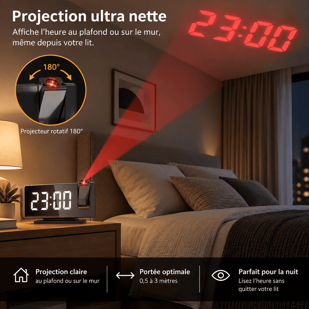Sofello Réveil à projection plafond grand écran LED, température date, réveil lumineux chambre