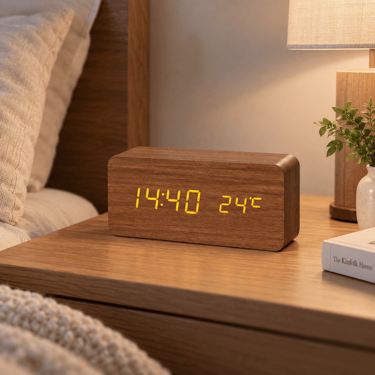 Sofello Réveil matin digital bois LED, affichage température et date, réveil lumineux chambre bureau
