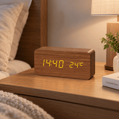 Sofello Réveil matin digital bois LED, affichage température et date, réveil lumineux chambre bureau