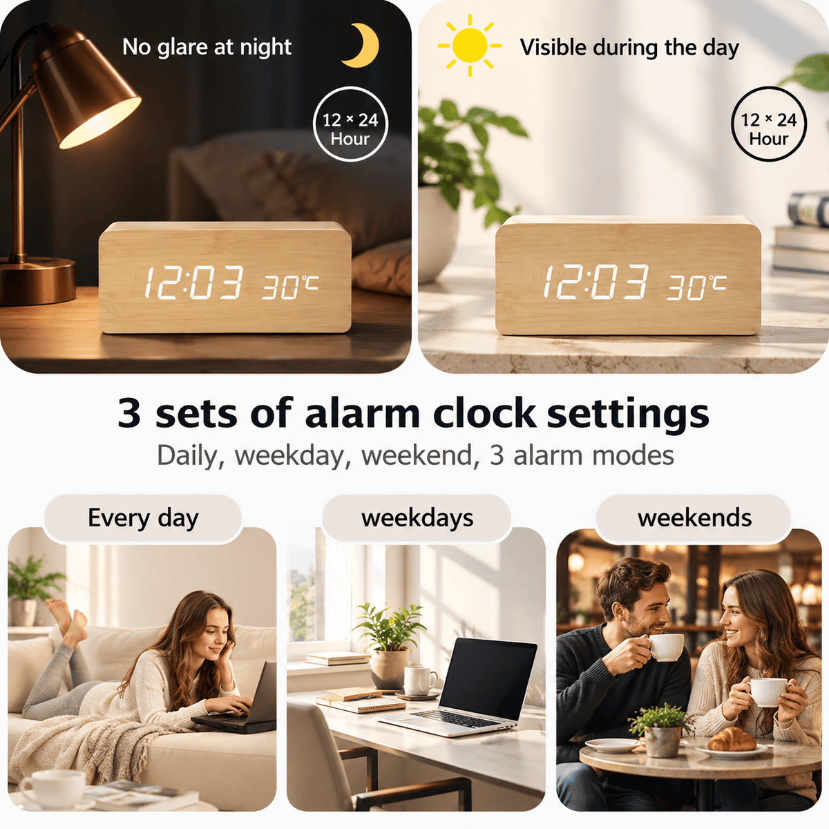 Sofello Réveil matin digital bois LED, affichage température et date, réveil lumineux chambre bureau