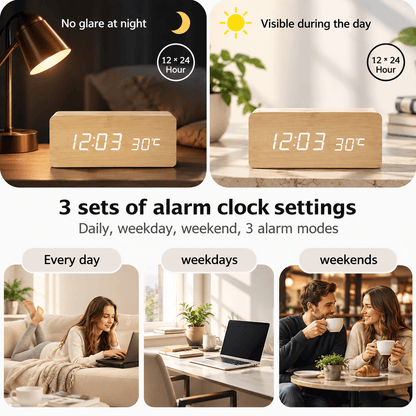 Sofello Réveil matin digital bois LED, affichage température et date, réveil lumineux chambre bureau