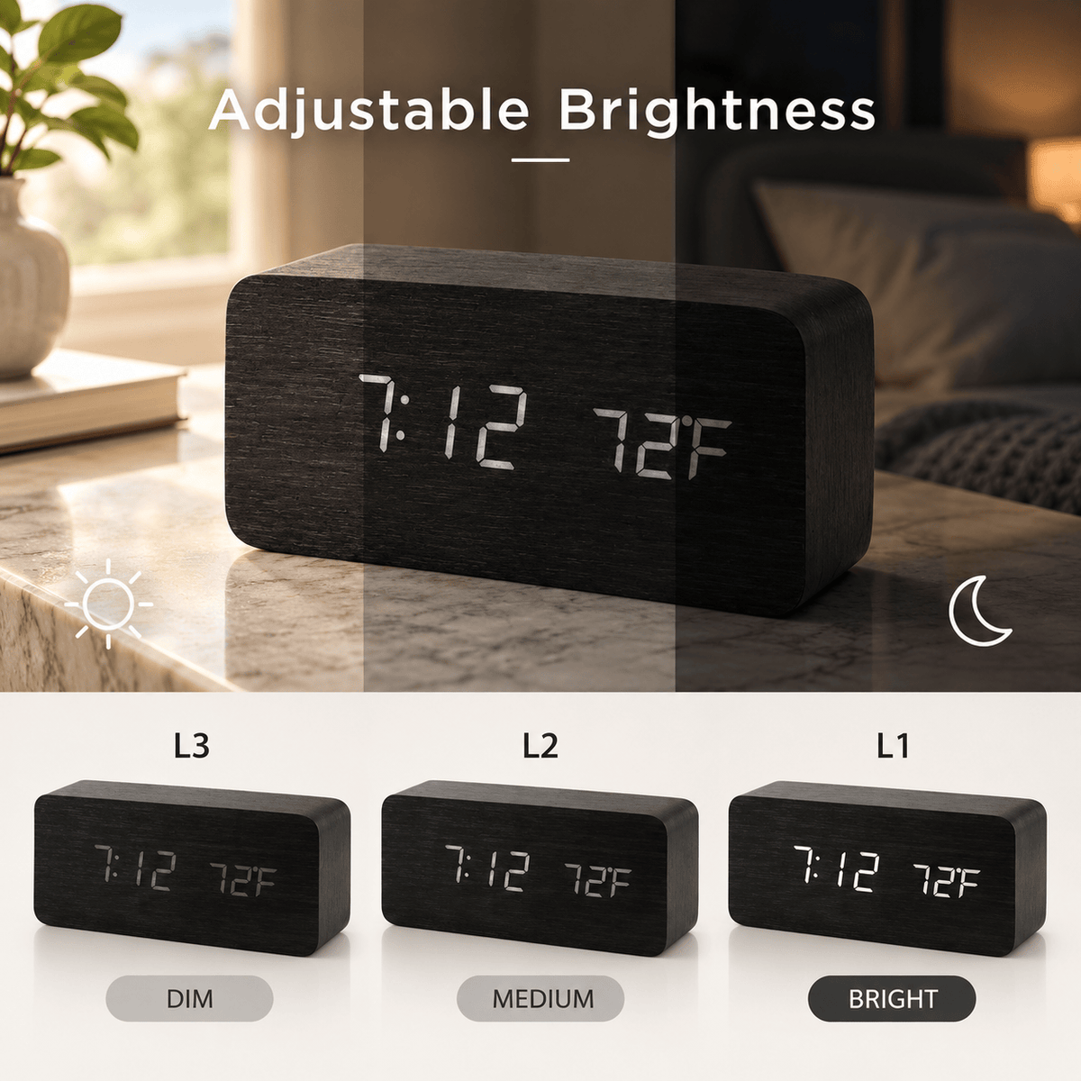 Sofello Réveil matin digital bois LED, affichage température et date, réveil lumineux chambre bureau