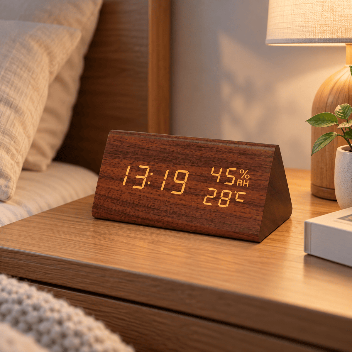 Sofello Réveil matin digital bois triangle, LED température humidité date, réveil lumineux chambre