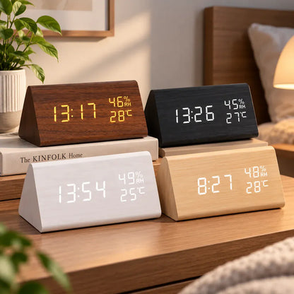 Sofello Réveil matin digital bois triangle, LED température humidité date, réveil lumineux chambre