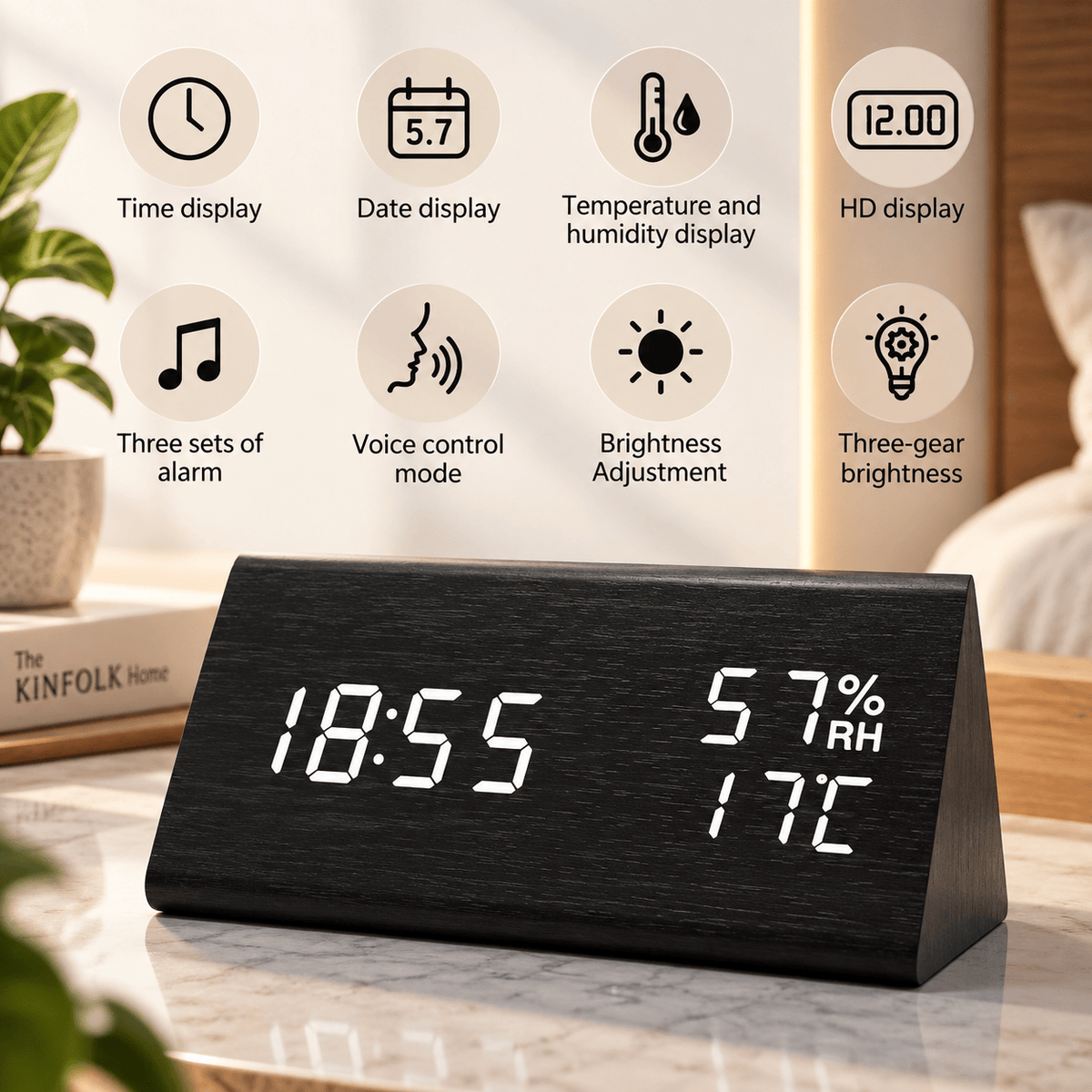 Sofello Réveil matin digital bois triangle, LED température humidité date, réveil lumineux chambre