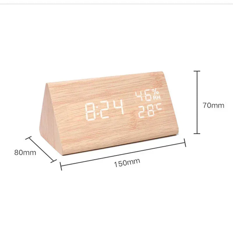Sofello Réveil matin digital bois triangle, LED température humidité date, réveil lumineux chambre