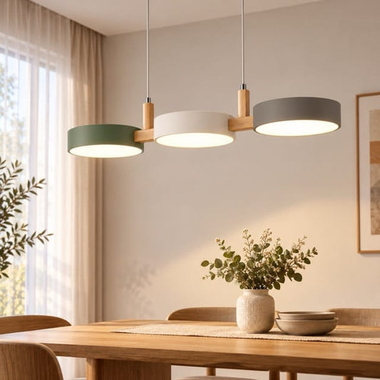 Sofello Suspension luminaire 3 lampes scandinave bois et métal, blanc, gris, vert, pour cuisine et salle à manger