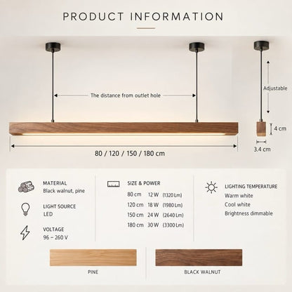 Sofello Suspension luminaire bois massif LED longue, design scandinave - cuisine, salle à manger, couloir