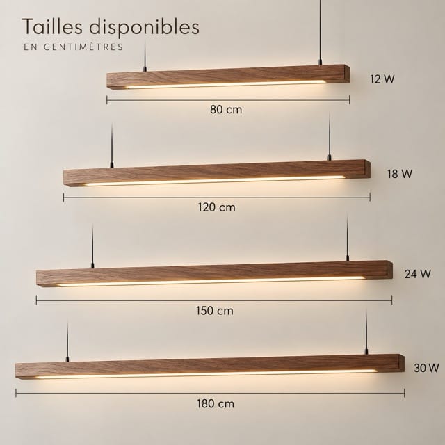 Sofello Suspension luminaire bois massif LED longue, design scandinave - cuisine, salle à manger, couloir