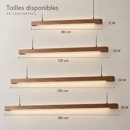 Sofello Suspension luminaire bois massif LED longue, design scandinave - cuisine, salle à manger, couloir
