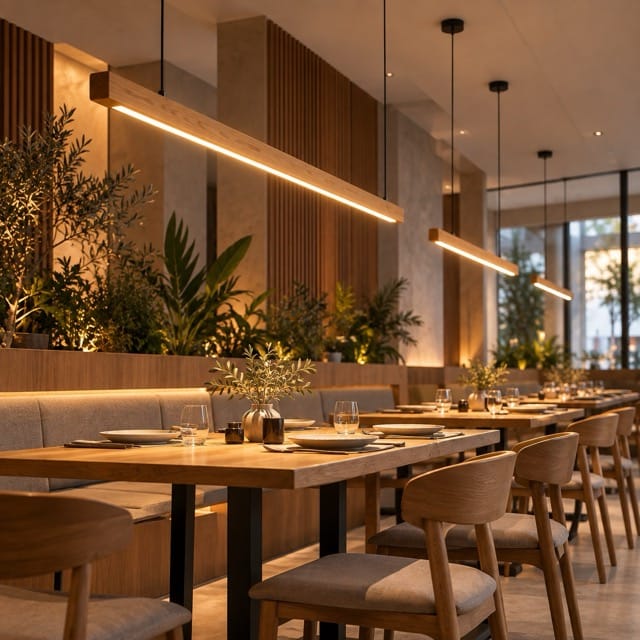 Sofello Suspension luminaire bois massif LED longue, design scandinave - cuisine, salle à manger, couloir