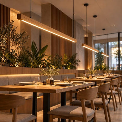 Sofello Suspension luminaire bois massif LED longue, design scandinave - cuisine, salle à manger, couloir