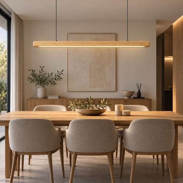 Sofello Suspension luminaire bois massif LED longue, design scandinave - cuisine, salle à manger, couloir