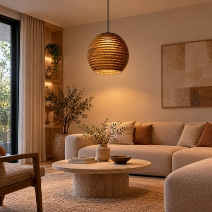 Sofello Suspension luminaire boule papier alvéolé marron, style vintage, pour salon, cuisine, chambre