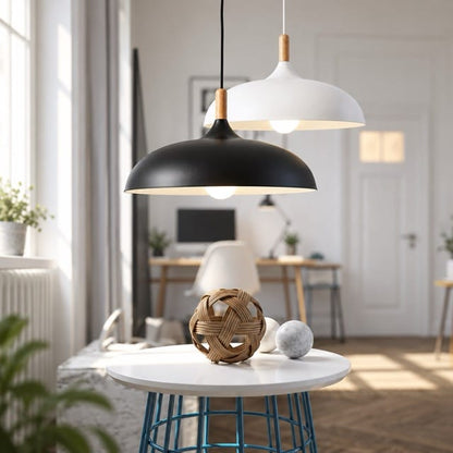 Sofello Suspension luminaire dôme métal et bois, style scandinave, plusieurs coloris, pour salon et chambre