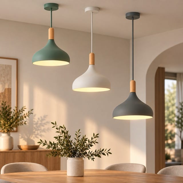 Sofello Suspension luminaire macaron design aluminium et bois, vert gris bleu jaune rose, pour cuisine, chambre, salon, salle à manger