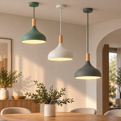 Sofello Suspension luminaire macaron design aluminium et bois, vert gris bleu jaune rose, pour cuisine, chambre, salon, salle à manger
