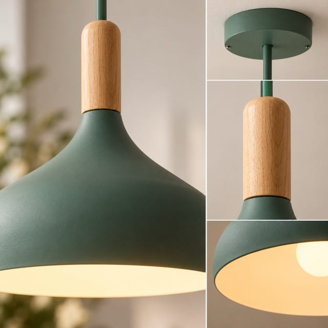 Sofello Suspension luminaire macaron design aluminium et bois, vert gris bleu jaune rose, pour cuisine, chambre, salon, salle à manger