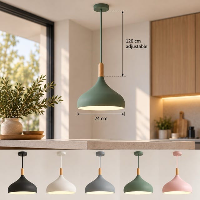 Sofello Suspension luminaire macaron design aluminium et bois, vert gris bleu jaune rose, pour cuisine, chambre, salon, salle à manger