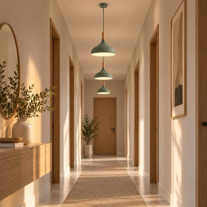 Sofello Suspension luminaire macaron design aluminium et bois, vert gris bleu jaune rose, pour cuisine, chambre, salon, salle à manger