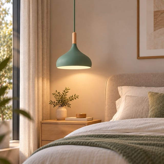Sofello Suspension luminaire macaron design aluminium et bois, vert gris bleu jaune rose, pour cuisine, chambre, salon, salle à manger