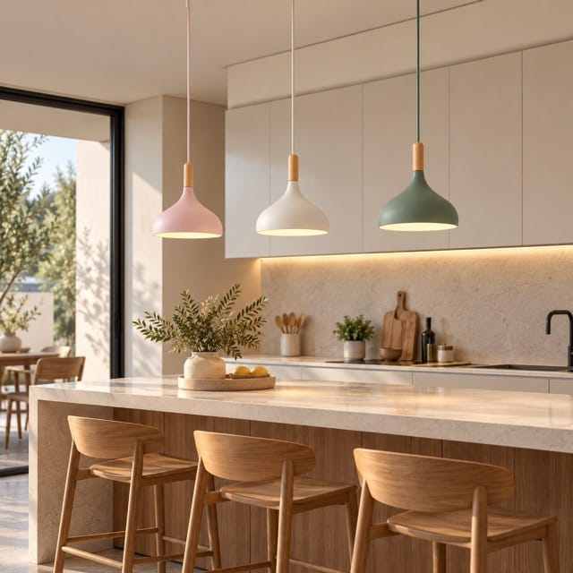 Sofello Suspension luminaire macaron design aluminium et bois, vert gris bleu jaune rose, pour cuisine, chambre, salon, salle à manger