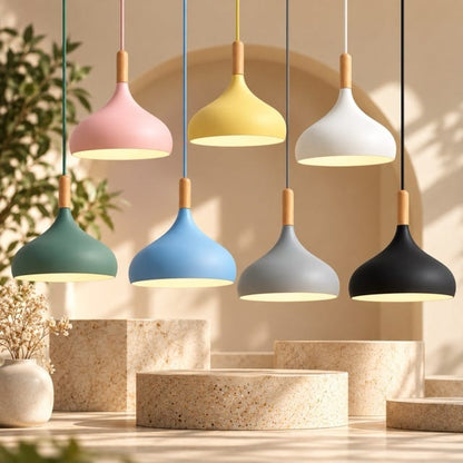 Sofello Suspension luminaire macaron design aluminium et bois, vert gris bleu jaune rose, pour cuisine, chambre, salon, salle à manger